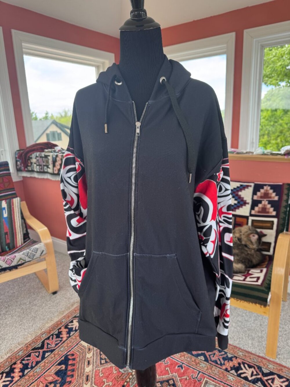 Zippered black Hoodie with Haida Tlingit design. Size L - Picture 2 of 14